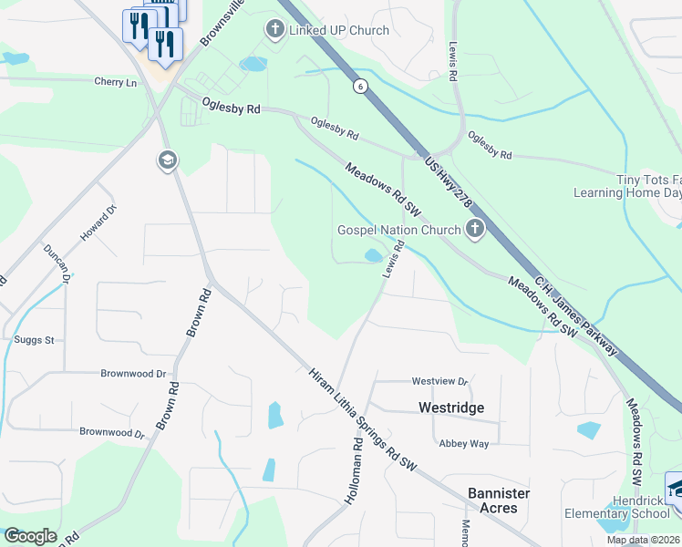 map of restaurants, bars, coffee shops, grocery stores, and more near 4790 Lewis Road in Powder Springs