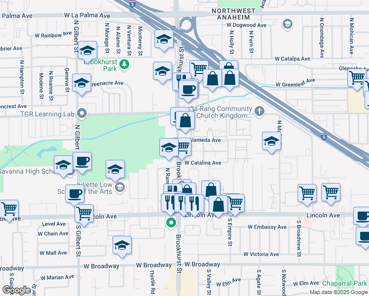map of restaurants, bars, coffee shops, grocery stores, and more near 2179 West Brownwood Avenue in Anaheim