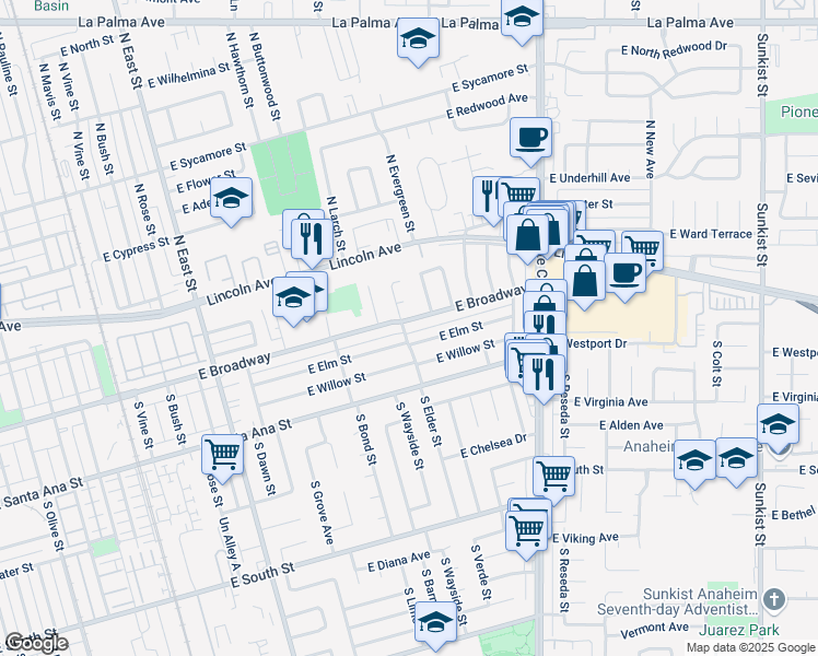 map of restaurants, bars, coffee shops, grocery stores, and more near 1627 East Elm Street in Anaheim