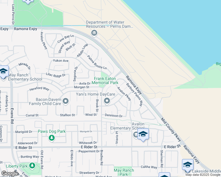 map of restaurants, bars, coffee shops, grocery stores, and more near 3859 Bella Isola Lane in Perris