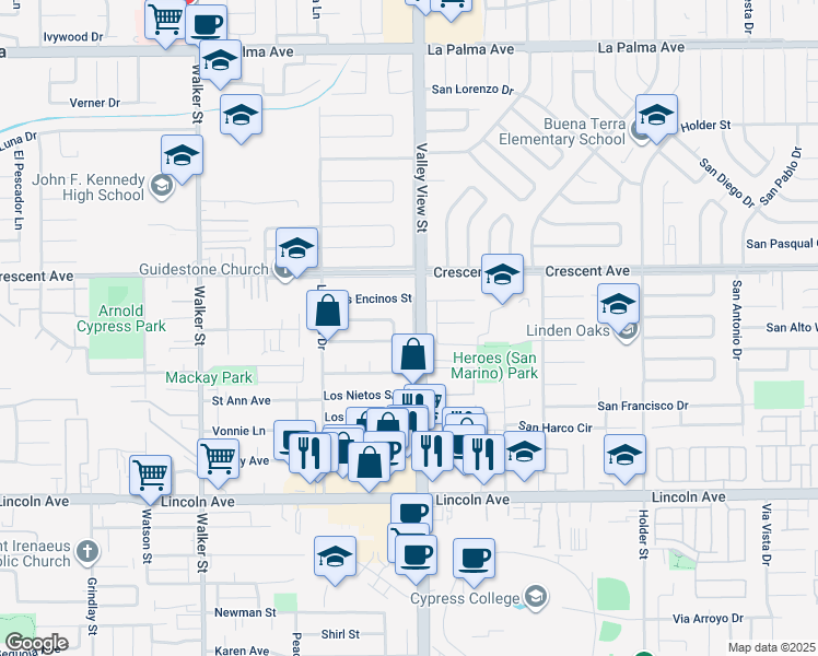 map of restaurants, bars, coffee shops, grocery stores, and more near 8623 Valley View Street in Buena Park