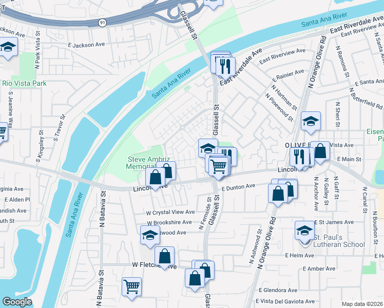 map of restaurants, bars, coffee shops, grocery stores, and more near 447 West Linden Drive in Orange