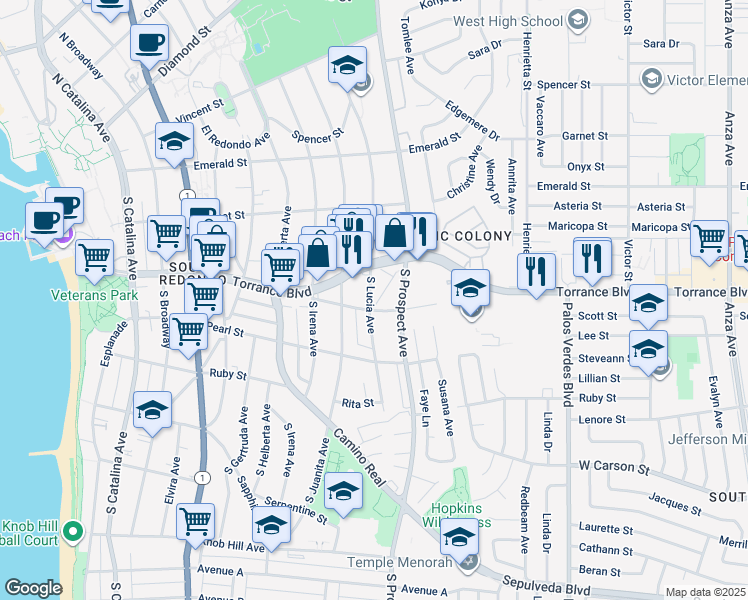 map of restaurants, bars, coffee shops, grocery stores, and more near 318 South Lucia Avenue in Redondo Beach