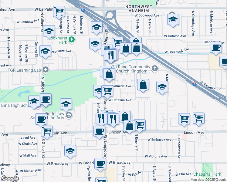 map of restaurants, bars, coffee shops, grocery stores, and more near 2163 West Brownwood Avenue in Anaheim