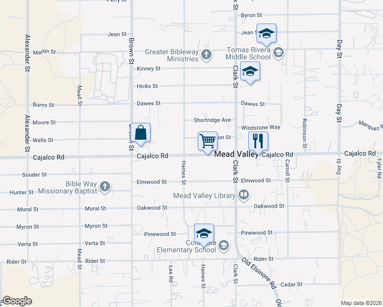 map of restaurants, bars, coffee shops, grocery stores, and more near 21274 Cajalco Road in Perris