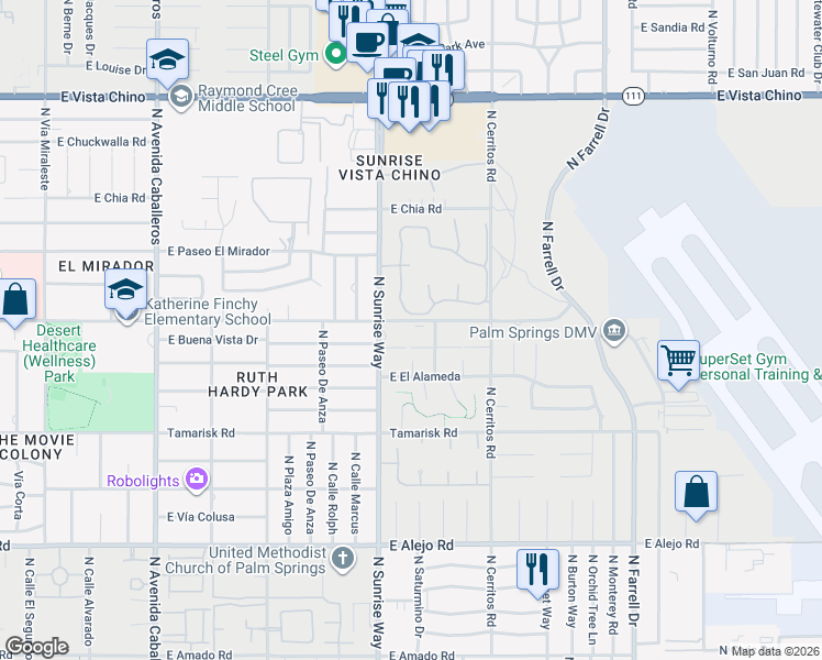 map of restaurants, bars, coffee shops, grocery stores, and more near 1809 East Tachevah Drive in Palm Springs