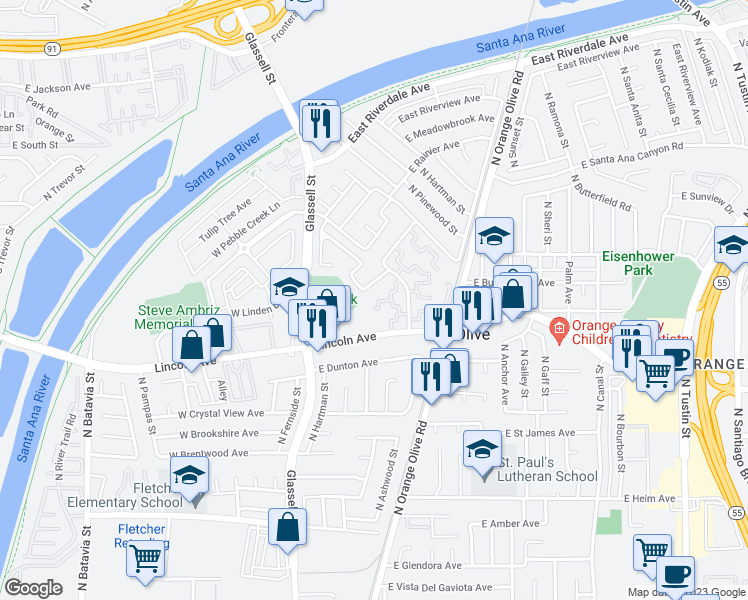 map of restaurants, bars, coffee shops, grocery stores, and more near 2932 North Cottonwood Street in Orange