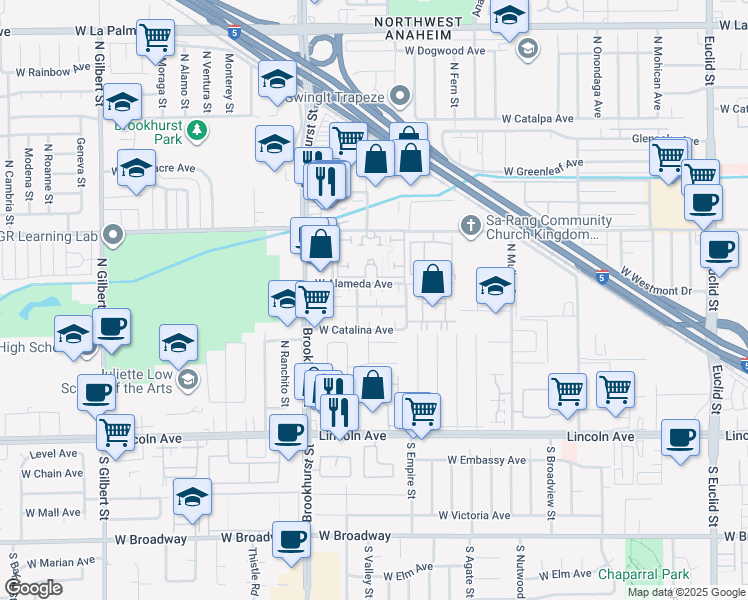 map of restaurants, bars, coffee shops, grocery stores, and more near 2129 West Brownwood Avenue in Anaheim