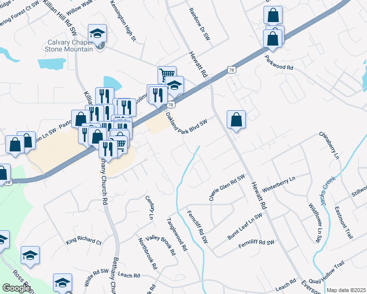 map of restaurants, bars, coffee shops, grocery stores, and more near 2344 Oakland Spring Court in Snellville