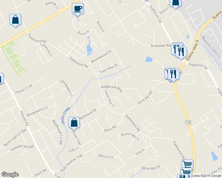 map of restaurants, bars, coffee shops, grocery stores, and more near 3340 Ridgerock Way in Snellville
