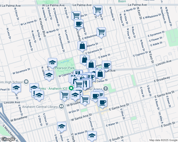 map of restaurants, bars, coffee shops, grocery stores, and more near 252 North Anaheim Boulevard in Anaheim