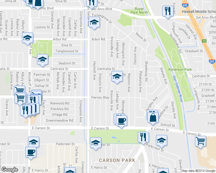 map of restaurants, bars, coffee shops, grocery stores, and more near 4344 Josie Avenue in Lakewood