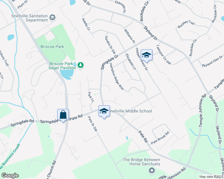 map of restaurants, bars, coffee shops, grocery stores, and more near 2405 Ivy Way in Snellville