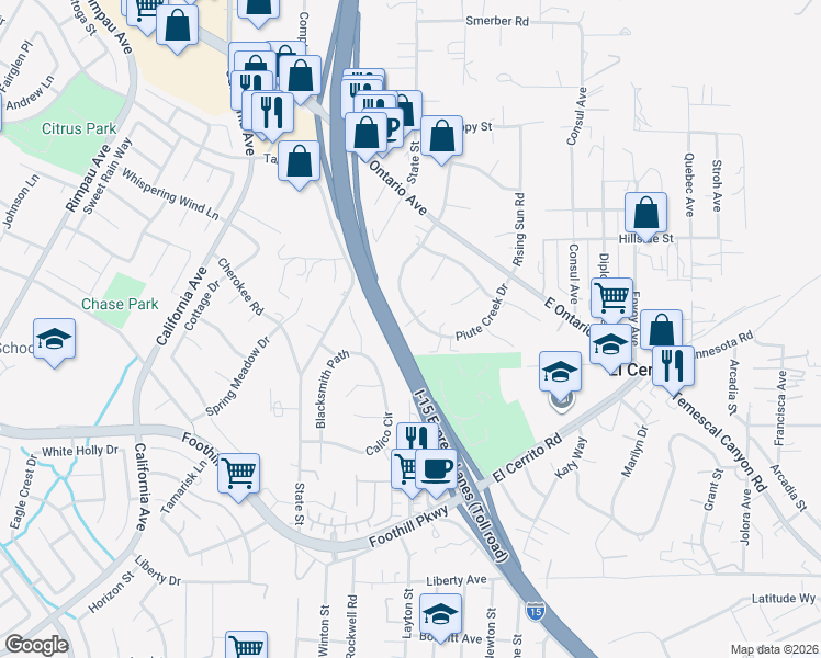 map of restaurants, bars, coffee shops, grocery stores, and more near 7279 Piute Creek Drive in Corona
