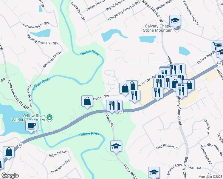 map of restaurants, bars, coffee shops, grocery stores, and more near 4305 Paxton Lane SouthWest in Lilburn