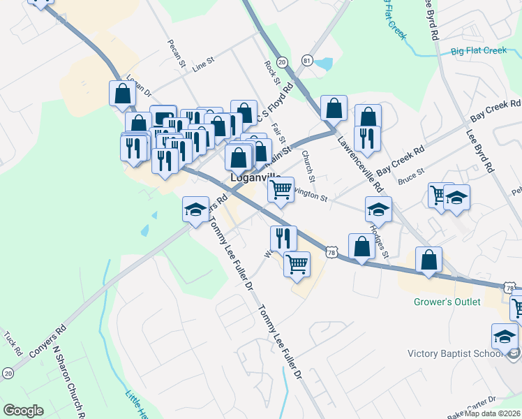 map of restaurants, bars, coffee shops, grocery stores, and more near 135 Bobby Boss Drive in Loganville