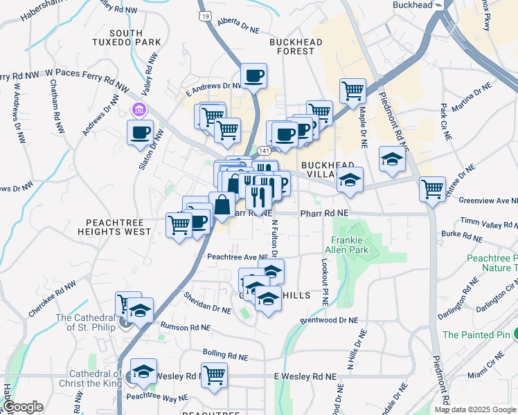 map of restaurants, bars, coffee shops, grocery stores, and more near 236 Pharr Road Northeast in Atlanta