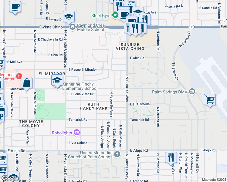 map of restaurants, bars, coffee shops, grocery stores, and more near 1405 East Tachevah Drive in Palm Springs