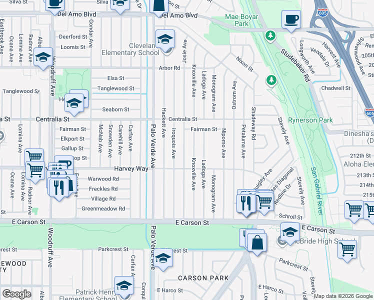 map of restaurants, bars, coffee shops, grocery stores, and more near 4344 Josie Avenue in Lakewood