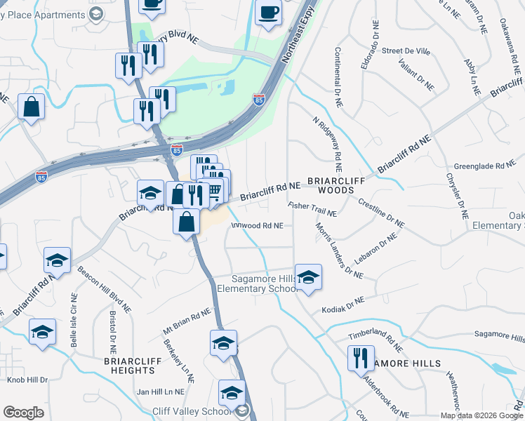 map of restaurants, bars, coffee shops, grocery stores, and more near 1998 Innwood Road Northeast in Atlanta