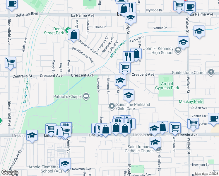 map of restaurants, bars, coffee shops, grocery stores, and more near 8606 Belmont Street in Cypress