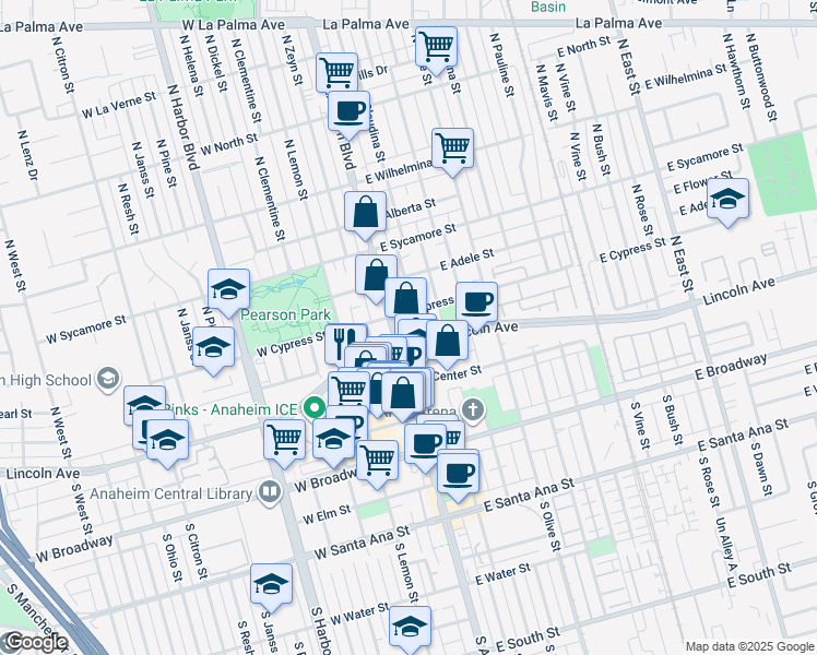 map of restaurants, bars, coffee shops, grocery stores, and more near 225 North Claudina Street in Anaheim