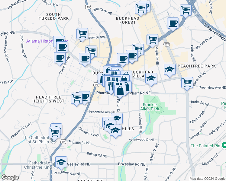 map of restaurants, bars, coffee shops, grocery stores, and more near 293 Pharr Road Northeast in Atlanta