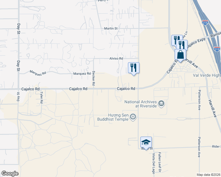 map of restaurants, bars, coffee shops, grocery stores, and more near 22647 Cajalco Road in Perris