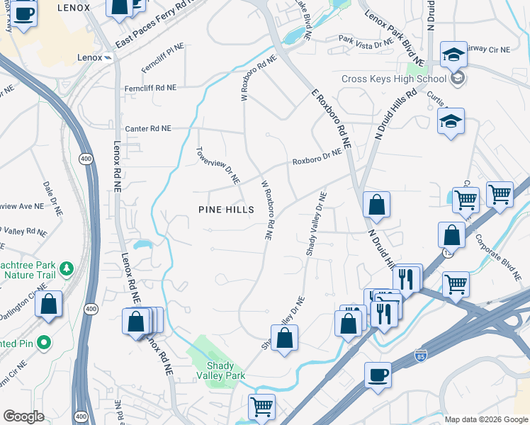 map of restaurants, bars, coffee shops, grocery stores, and more near 3011 Towerview Drive Northeast in Atlanta