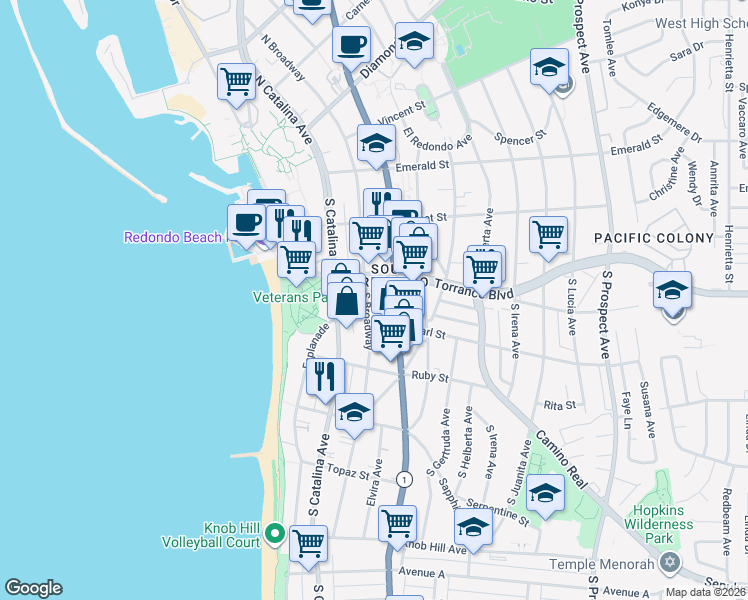 map of restaurants, bars, coffee shops, grocery stores, and more near 314 South Broadway in Redondo Beach