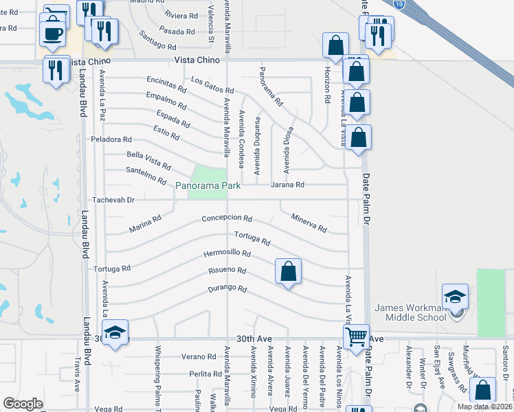 map of restaurants, bars, coffee shops, grocery stores, and more near 68605 Tachevah Drive in Cathedral City