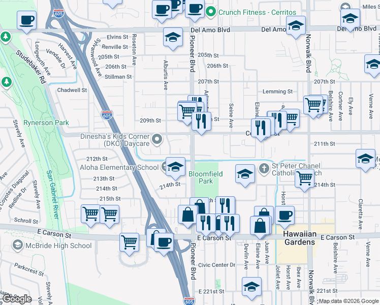 map of restaurants, bars, coffee shops, grocery stores, and more near Pioneer Boulevard in Lakewood