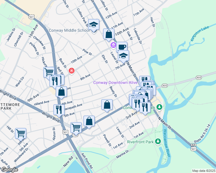 map of restaurants, bars, coffee shops, grocery stores, and more near 1300 6th Avenue in Conway