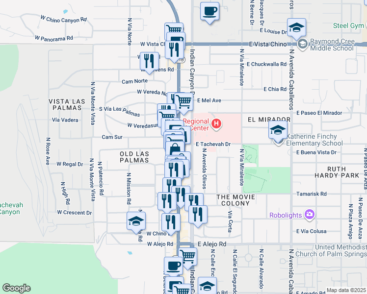 map of restaurants, bars, coffee shops, grocery stores, and more near 1089 North Palm Canyon Drive in Palm Springs