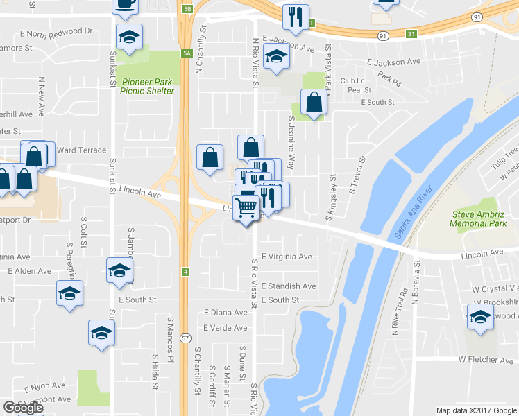 map of restaurants, bars, coffee shops, grocery stores, and more near 2801 East Lincoln Avenue in Anaheim