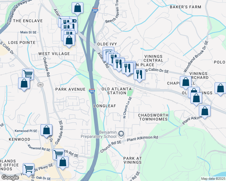 map of restaurants, bars, coffee shops, grocery stores, and more near 3981 Old Atlanta Station Court Southeast in Smyrna