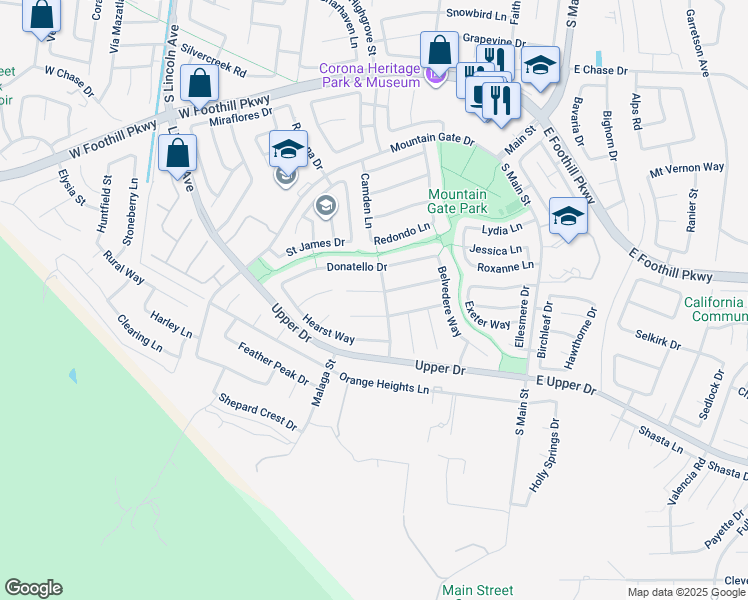 map of restaurants, bars, coffee shops, grocery stores, and more near 664 Rembrandt Circle in Corona