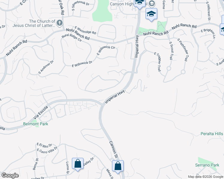 map of restaurants, bars, coffee shops, grocery stores, and more near 5470 East Big Sky Lane in Anaheim