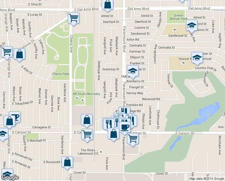 map of restaurants, bars, coffee shops, grocery stores, and more near 4340 Pixie Avenue in Lakewood