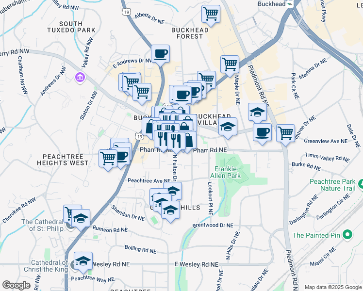 map of restaurants, bars, coffee shops, grocery stores, and more near 293 Pharr Road Northeast in Atlanta