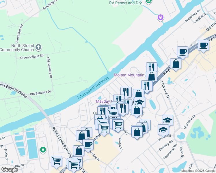 map of restaurants, bars, coffee shops, grocery stores, and more near 807 Waterway Drive in North Myrtle Beach