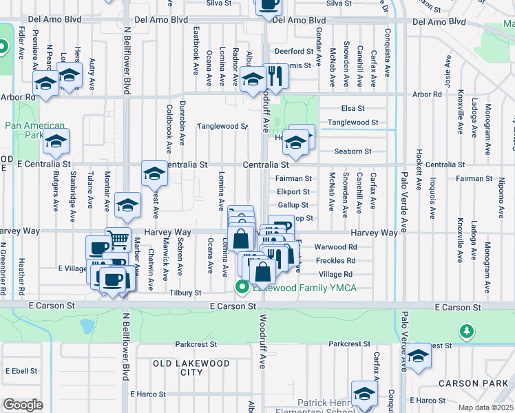 map of restaurants, bars, coffee shops, grocery stores, and more near 4343 Woodruff Avenue in Lakewood