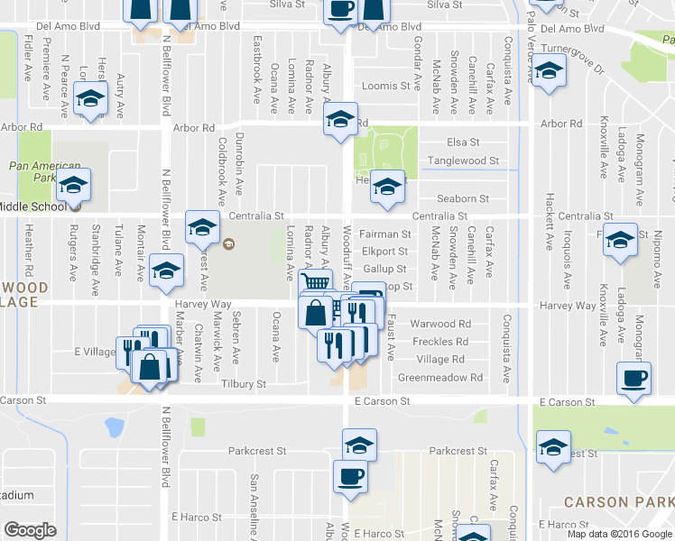 map of restaurants, bars, coffee shops, grocery stores, and more near 4343 Woodruff Avenue in Lakewood