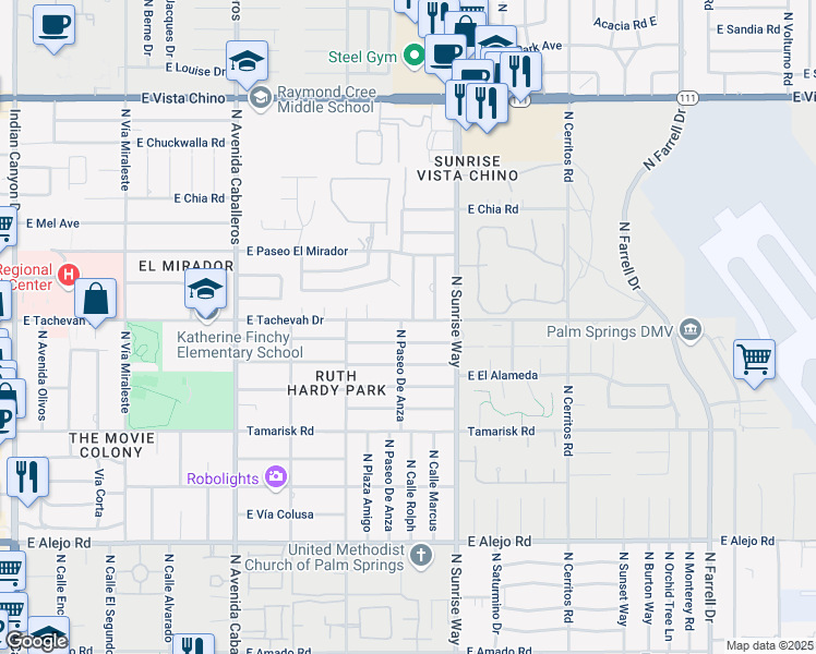 map of restaurants, bars, coffee shops, grocery stores, and more near 1405 East Tachevah Drive in Palm Springs