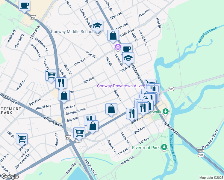 map of restaurants, bars, coffee shops, grocery stores, and more near 1300 6th Avenue in Conway