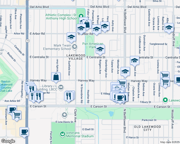 map of restaurants, bars, coffee shops, grocery stores, and more near 4338 Heather Road in Long Beach