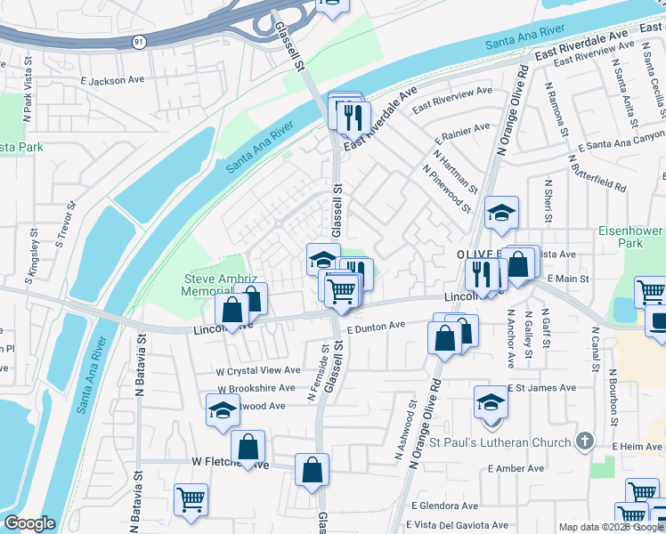 map of restaurants, bars, coffee shops, grocery stores, and more near 2882 North Glassell Street in Orange