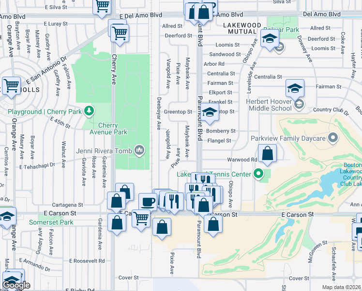 map of restaurants, bars, coffee shops, grocery stores, and more near 4340 Pixie Avenue in Lakewood