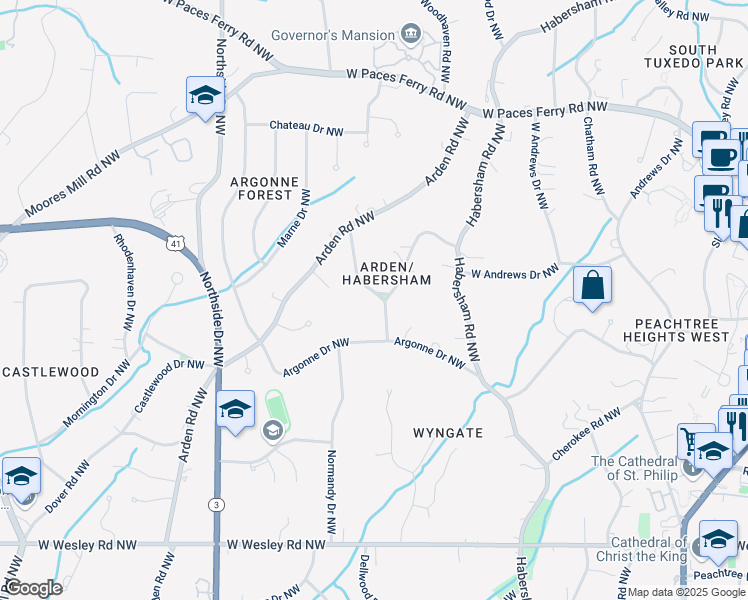 map of restaurants, bars, coffee shops, grocery stores, and more near 3018 West Pine Valley Road Northwest in Atlanta