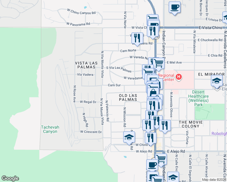 map of restaurants, bars, coffee shops, grocery stores, and more near 535 West Vía Lola in Palm Springs